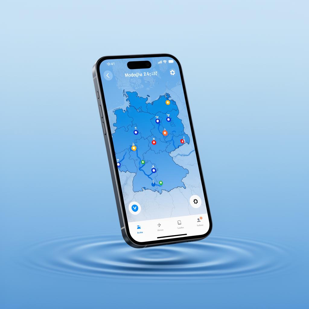 HydroApp Smartphone-Vorschau mit interaktiver Pegelkarte Deutschlands